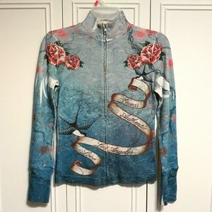 Guess Graphic Zip up Rhinestone Logo Mock Neck